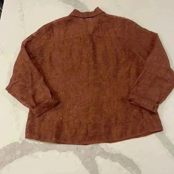 Chicos Sheer Floral Copper Brown Long Sleeve Button Up Blouse Chicos2 WomenLarge - Picture 5 of 5